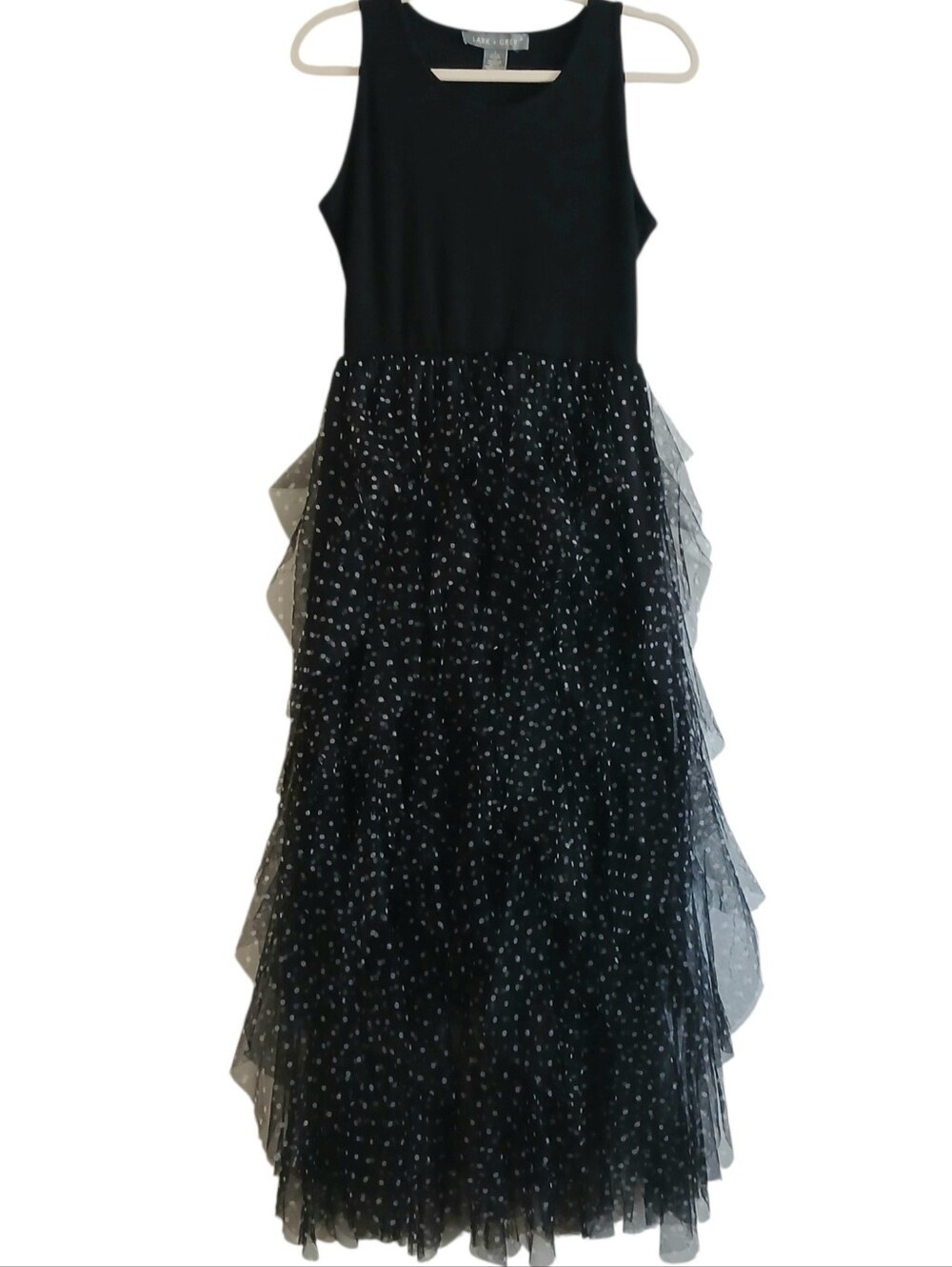 Lark + Grey Polka Dot Tulle Maxi Tank Dress Women's L Black Layered Volume